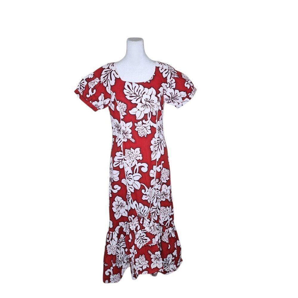 Vintage Puff Sleeve Maxi Hawaiian Muumuu Dress Womens S Red